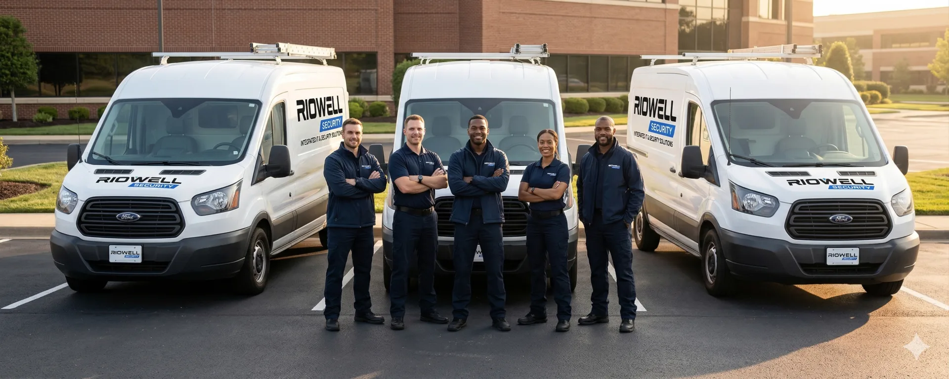 Riowell team standing in front of three branded work vans